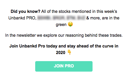 YoU CoUlD HaVe BouGhT AnY StOcK ThIs WeEk AnD beEn In ThE green

no.

unbankd.co/join-pro/