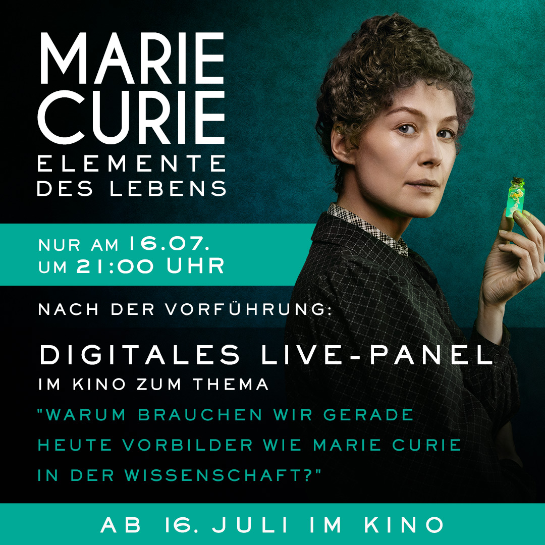 StiftungMINTEEE's tweet photo. Am 16. 7. startet "MARIE CURIE – ELEMENTE DES LEBENS". Ausgewählte Kinos streamen ab 21.00 Uhr ein Live-Panel zum Film. Mehr Infos: https://t.co/YZtKNsGqbo. 
Interview mit Marion Esch zum Thema: https://t.co/hi1dRqFIZt
Trailer: https://t.co/7dma5NPN9M
#MARIECURIE #MARIECURIEFILM https://t.co/o2ZtD8lH4m