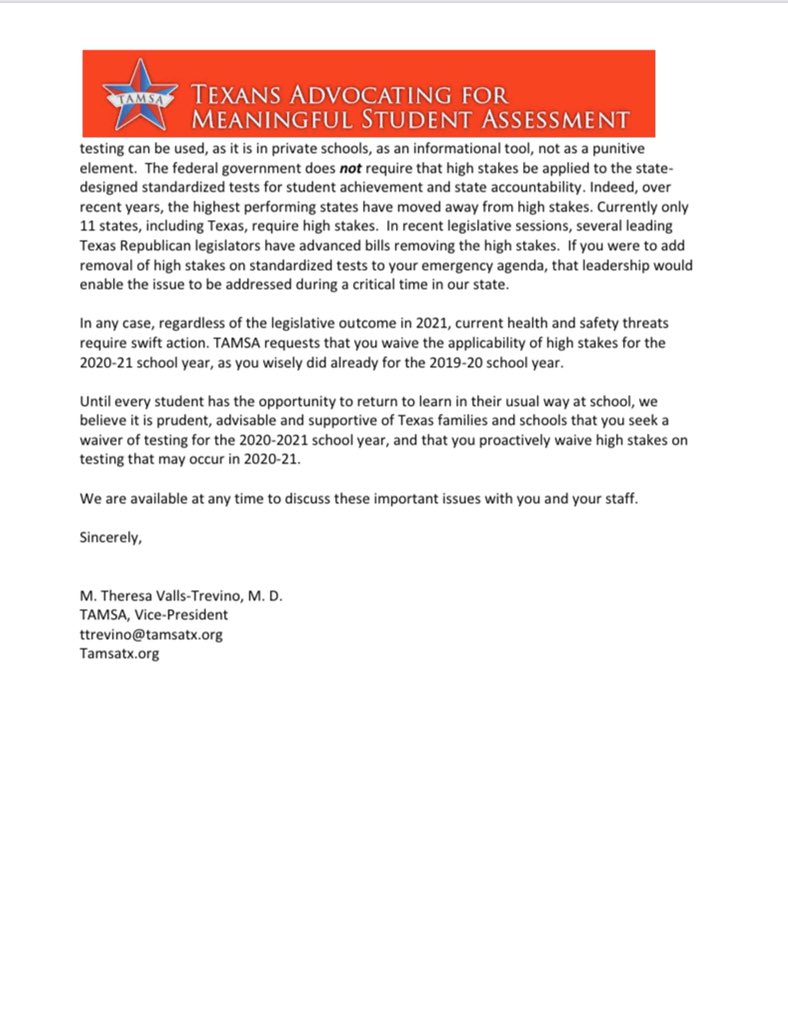 TAMSATX's tweet image. TAMSA has sent an open letter to @GovAbbott to urge him to request a Federal waiver for 20-21 accountability requirements. Please share and contact the Governor today! The Governor’s contact info can be found here: 

gov.texas.gov/contact

tamsatx.org/assets/pdf/TAM…