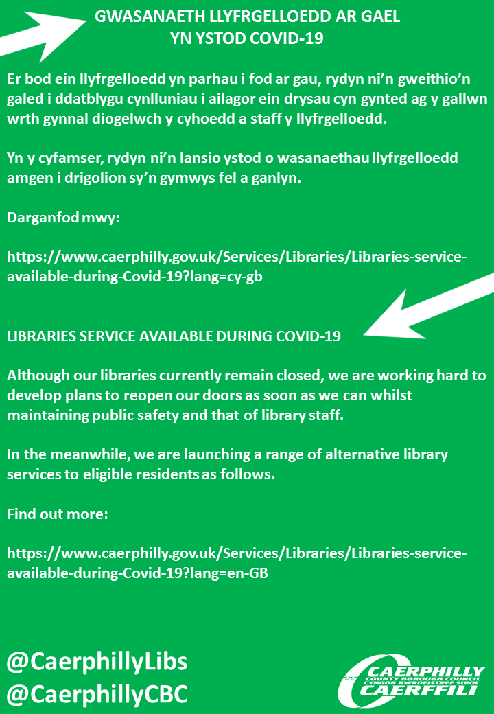 CaerphillyLibs's tweet photo. Gwasanaeth llyfrgelloedd ar gael yn ystod Covid-19

@CaerphillyCBC / @sport_leisure / @WelfareCcbc / @WelshLibraries 

Libraries service available during Covid-19

https://t.co/qENPyzaKVT https://t.co/7pstbWYE9a