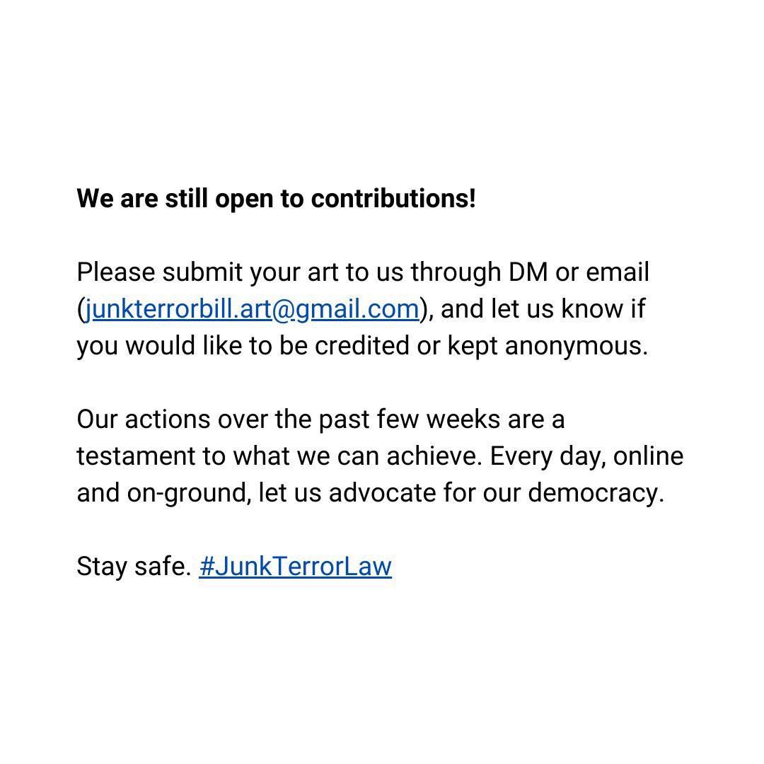 ArtNotTerrorism's tweet photo. Below are safety precautions decided on by the Art Not Terrorism team in light of today’s passage of the Anti-Terrorism Bill into law. 

Should you have any further suggestions, please feel free to send us a message. 

Stay safe. #JunkTerrorLaw https://t.co/SqnayWMlmy
