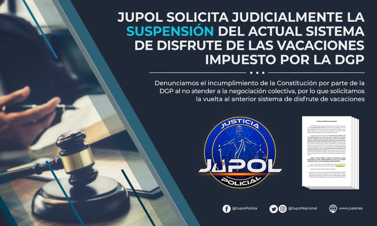 JupolNacional's tweet photo. 🔊#UltimaHoraPolicial

🔵JUPOL solicita judicialmente la SUSPENSIÓN de la resolución que regula el sistema de vacaciones del 2020 impuesto por la @info_dgp.🧾

⚖️Denunciamos el incumplimiento de la #Constitución de @interiorgob al no atender a la negociación colectiva.👊 https://t.co/x4uF8VHh2d