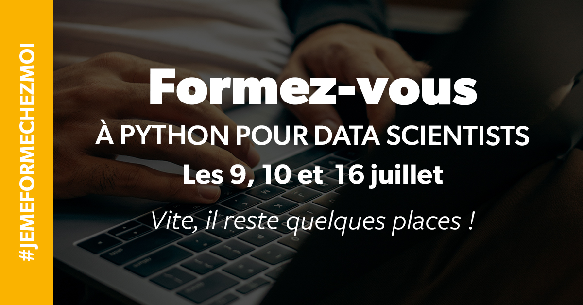 Encore quelques places pour notre #formation #Python 🐍

Au programme :
1️⃣ Analyse prédictive &amp; #machinelearning
2️⃣ #Clustering &amp; #segmentation

Elle est éligible au dispositif #FNE Formation #COVID19
👉 Inscrivez-vous : ow.ly/KN9x50Ap0LR
#JeMeFormeChezMoi