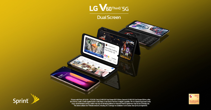 LGUSAMobile's tweet photo. Do more at once with next level audio and video capabilities, 5G connectivity and #LGDualScreen 6.8” OLED displays. Learn how to lease the #LGV60ThinQ 5G Dual Screen & get a second for $0/mo. from Sprint. https://t.co/mQ3JPxqcNY https://t.co/JRHbUiic1e