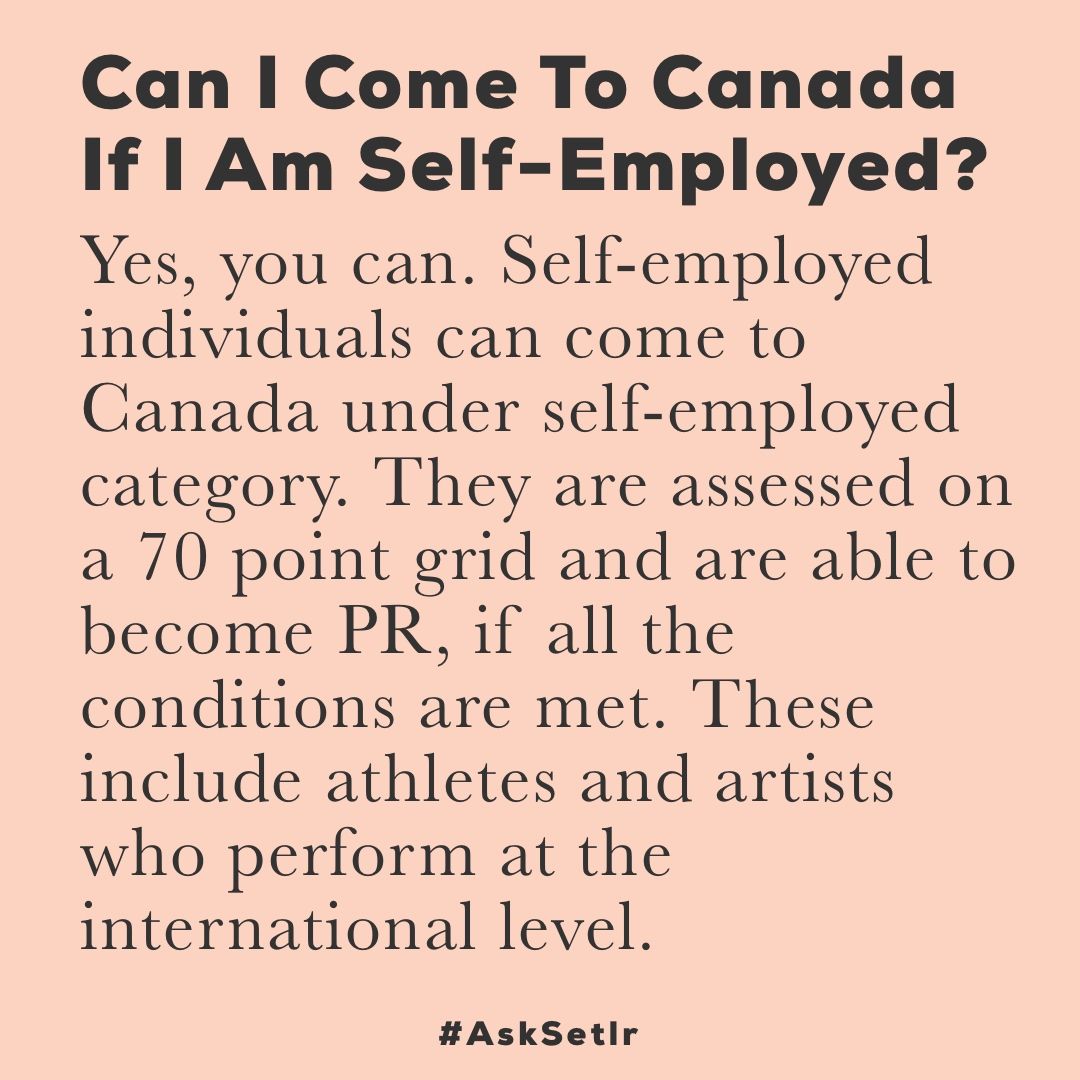 SetlrDOTcom's tweet photo. Self-employed individuals can come to Canada. Either as a #selfemployed individual or as a #business. As an individual you would need to add value to #Canada’s #global standing. This means that you should be #recognised in your field of #expertise.

#AskSetlr #CanadaImmigration https://t.co/7oPVKZldVO