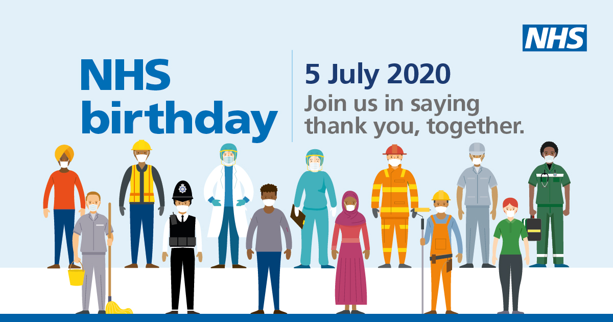 StockportNHS's tweet image. A big happy birthday to the NHS! We want to say a huge thank you to all of the hardworking NHS staff, saving lives and doing amazing work every day. Join us today at 5pm for a country-wide clap to say #ThankYouTogether #NHSBirthday 💙