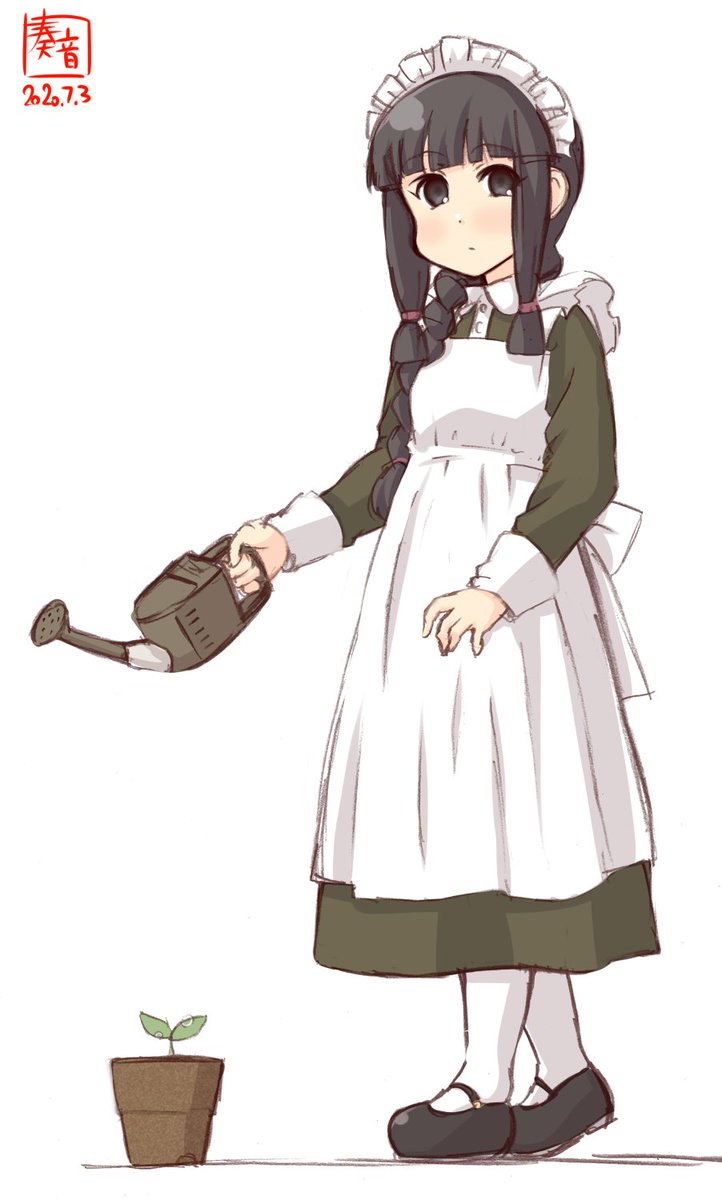 kitakami (kancolle) 1girl watering can artist logo solo black hair apron alternate costume  illustration images