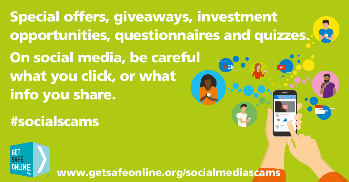 Social media scams include anything from free supermarket vouchers to app downloads, questionnaires to quizzes, non-existent goods to investment scams Know how to spot a scam #socialscams buff.ly/3irvcWp <a href="/GetSafeOnline/">GetSafeOnline.org</a>