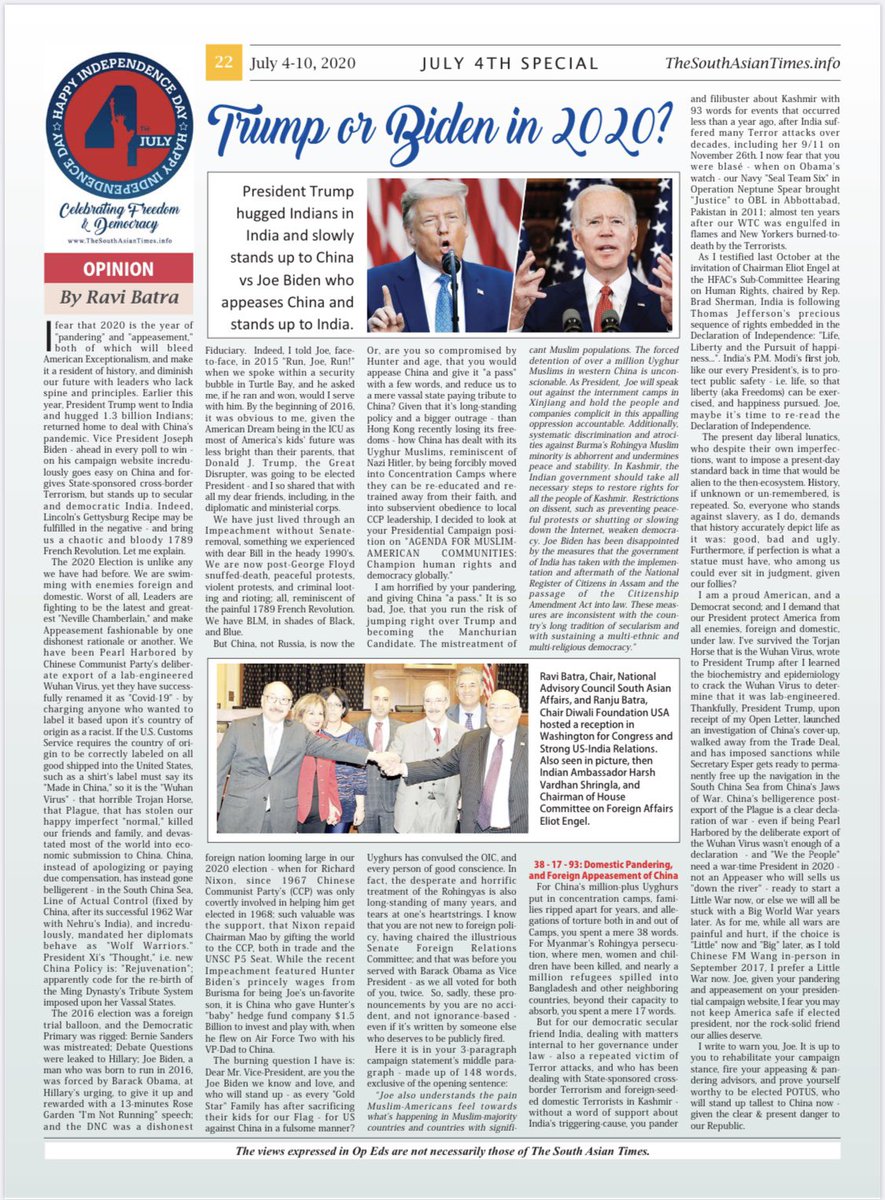 RaviBatra's tweet photo. “#Trump or #Biden in 2020?” An Op-Ed invited by @TheSATimes. @USAmbIndia w 15 Ambs visited #Kashmir Jan 9th @POTUS @JoeBiden, as @RanjuBatra & I hosted Congress & US-India🇺🇸🇮🇳🇺🇸 @RepEliotEngel🤗😘
@OIC_OCI #Uyhgurs (#WuhanVirus @WHO) #Rohingas & #CrossBorder #Terror in #Kashmir https://t.co/NyevYJFYRz