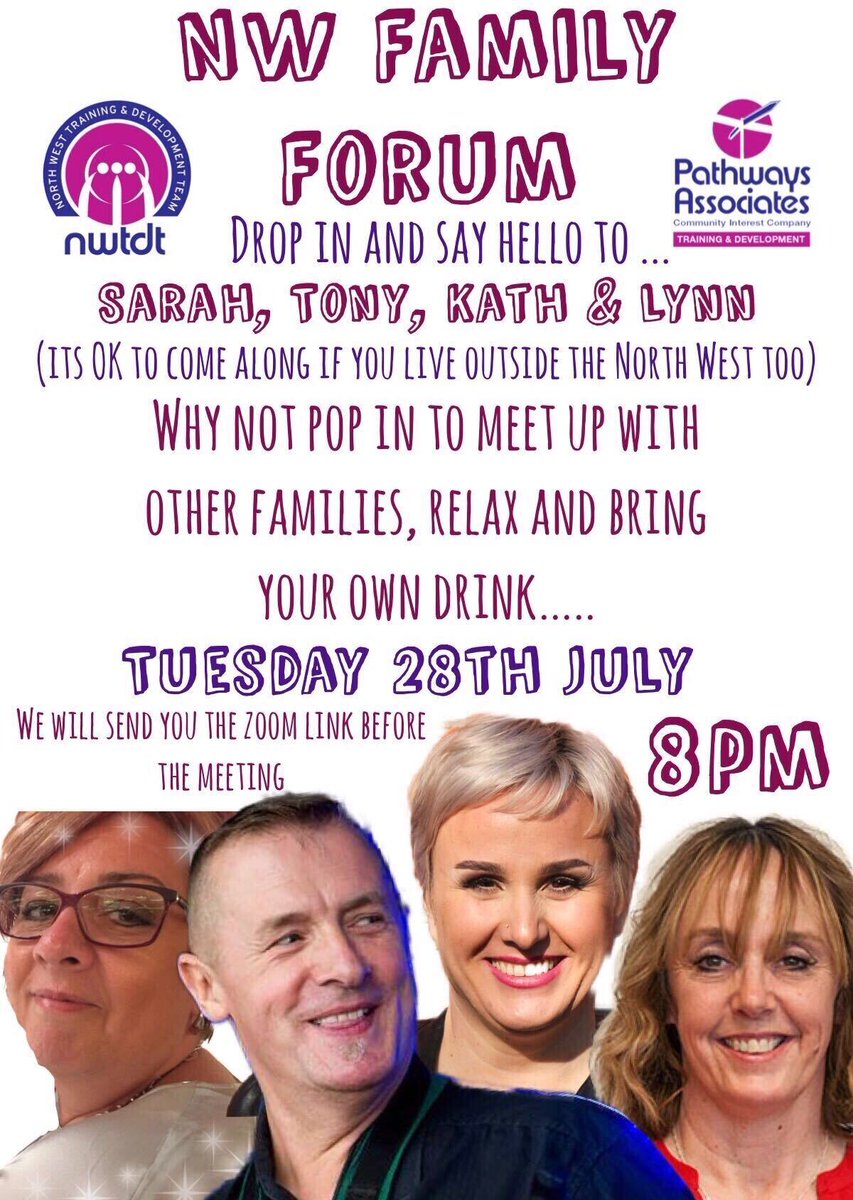 10th July, 11am NW Self-Advocates Forum, an opportunity to come together and talk about the things that matter to you - help us plan
Starting 28th July, 8pm, Family Forum, an informal opportunity for families to meet and support each other.
Let us know if you want to join us