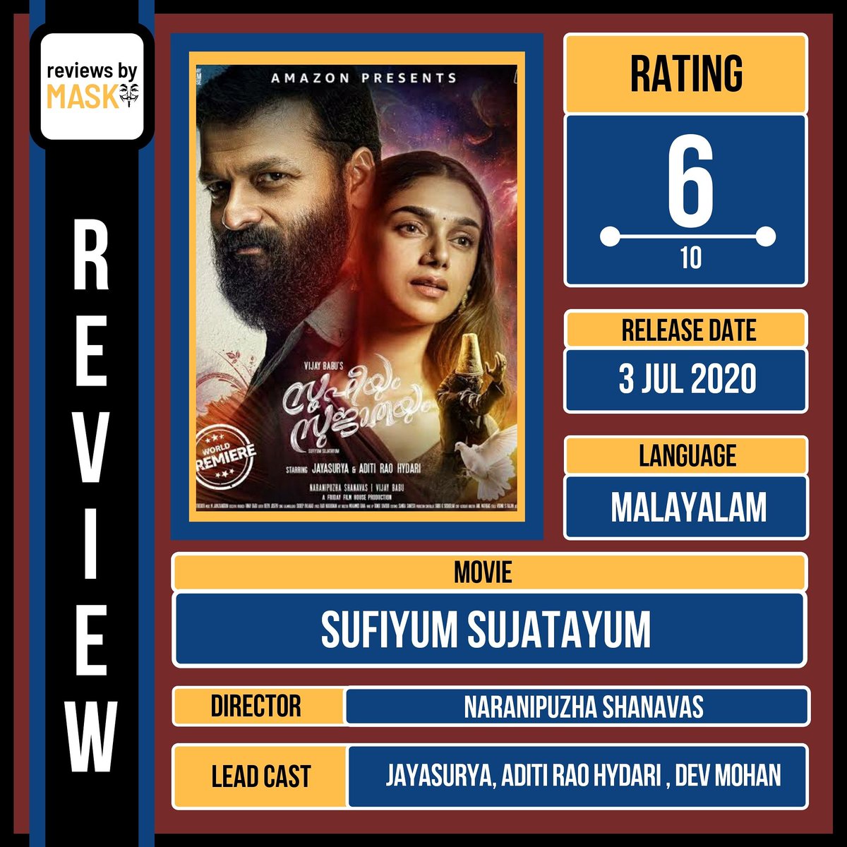 ReviewsMask's tweet photo. Sufiyum Sujatayum Review - 6/10
#jayasurya #mohanlal #mammootty #lalettan #malayalam #nivinpauly #asifali #vijaybabu #sufiyumsujatayum #dq #tovinothomas #mollywood #prithviraj #mammookka #malayalammovie #prithvirajsukumaran #anusithara #dileep #dulquersalmaan #aditiraohydari https://t.co/2BhoIkYfnJ