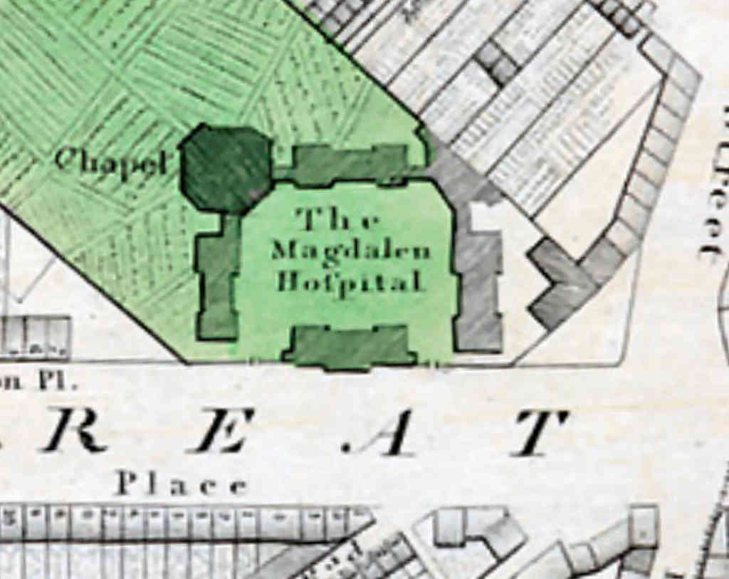 The largest are the Magdalen Hospital and the New Bethlem HospitalThe Magdalen, as its name implies, was for penitent prostitutes, Magdalen College may have owned the landThe building was credited to Joel Johnson, a carpenter-builder, Master of the Carpenter's Company in 1789