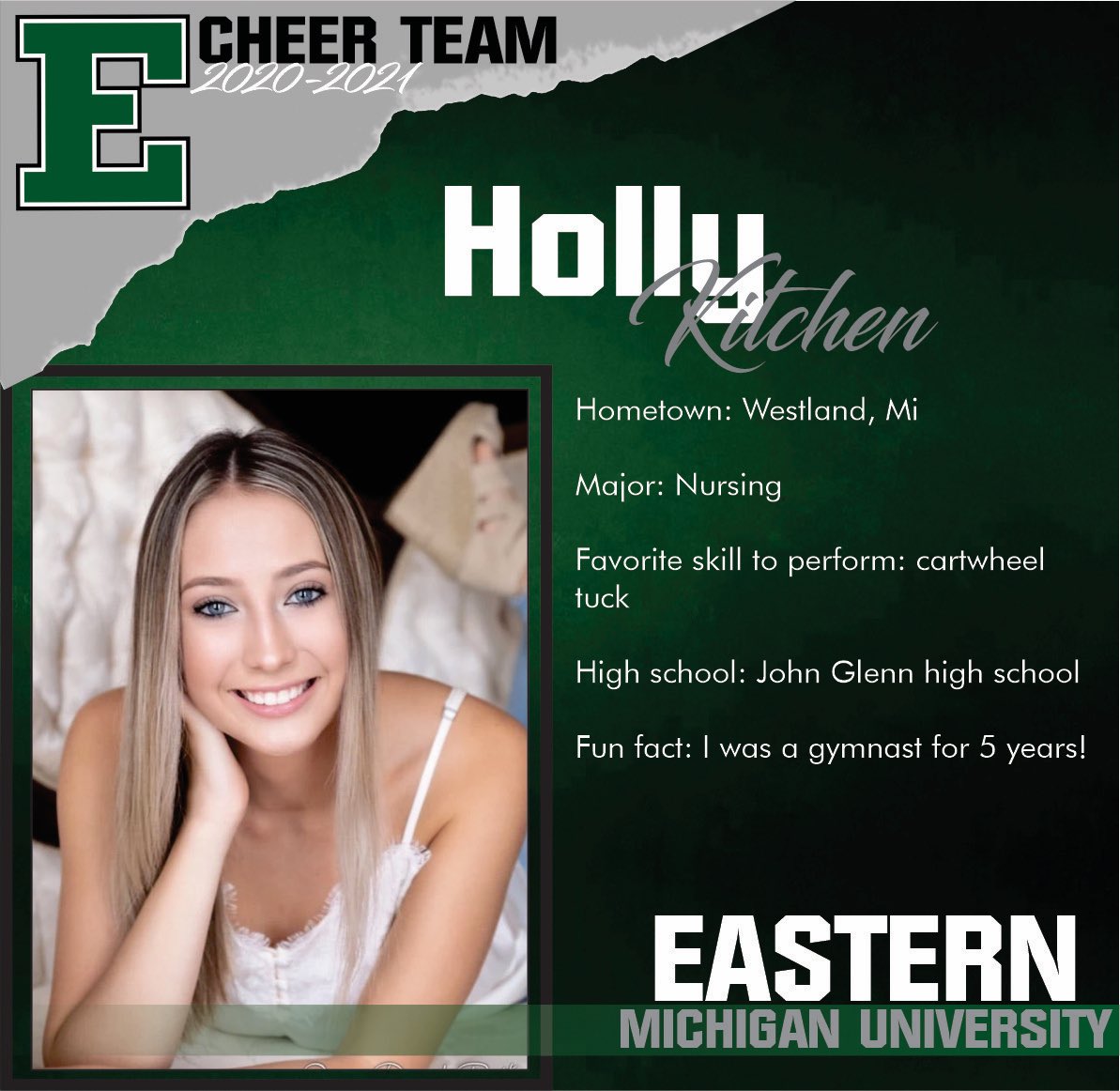 EMUCheer's tweet photo. This week we want to introduce you to our rookie members 🖤💚 Help us show them all that EMU love! #EMU #Cheer #season7 https://t.co/qTZ2PiClWo