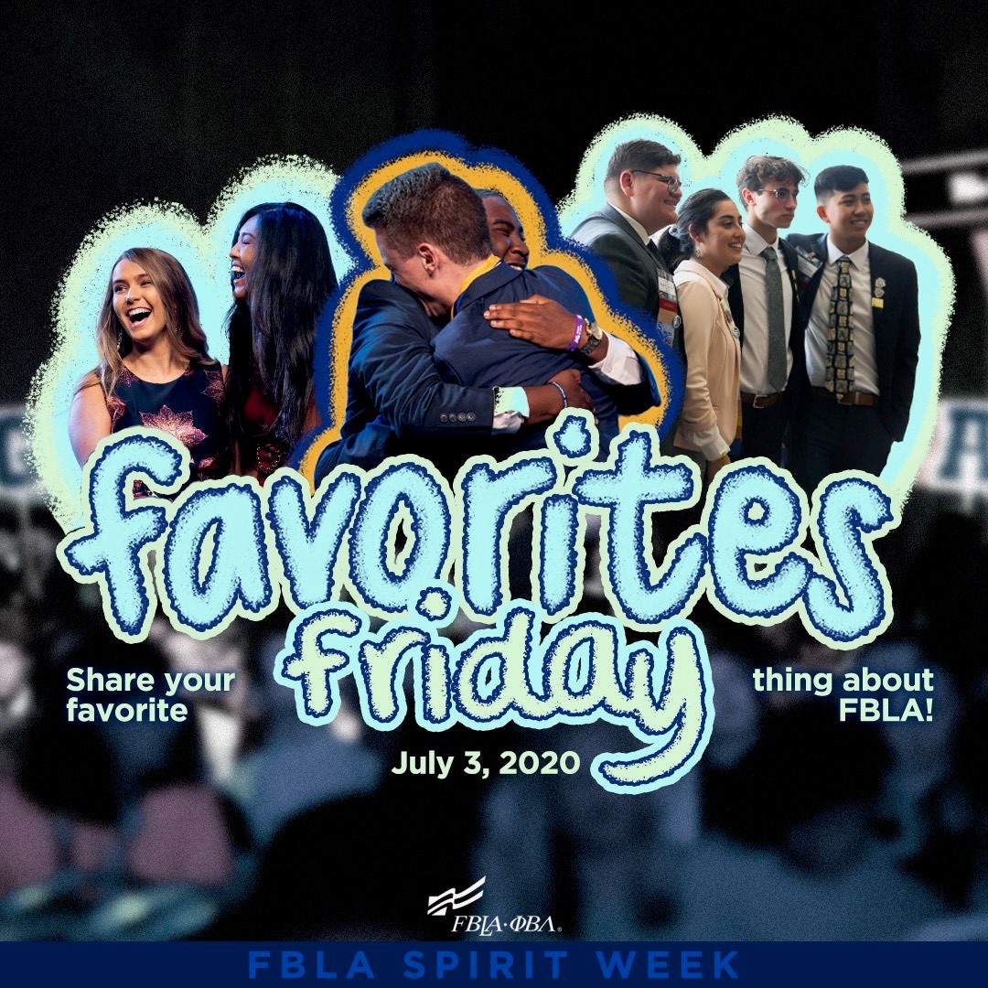 FBLA_National's tweet photo. To conclude this spirit week, it is favorite Friday. Share your favorite thing about FBLA! #NLE20 #NLEOnline #WeAreFBLAPBL https://t.co/45NjEsiBxX