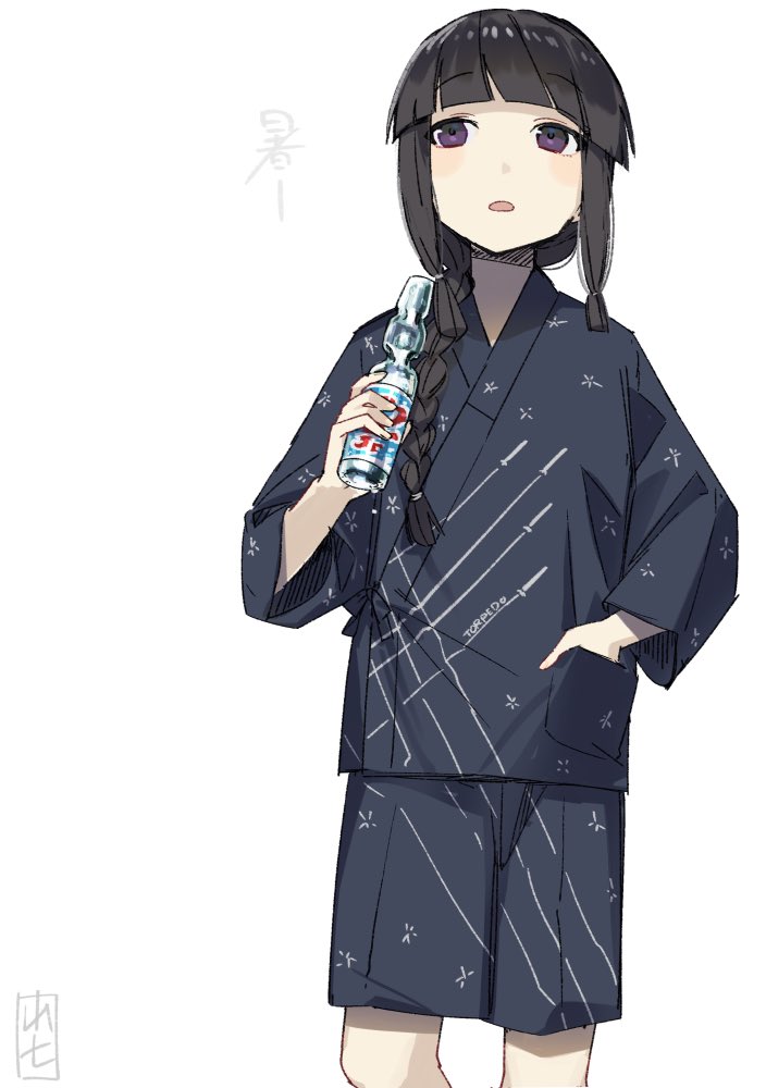 kitakami (kancolle) 1girl solo black hair braid long hair white background simple background  illustration images