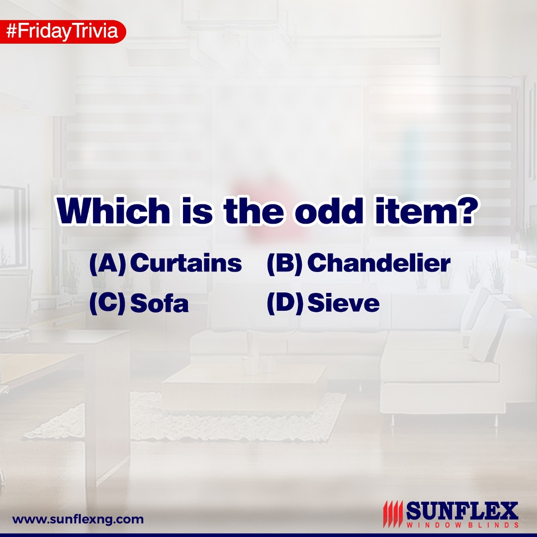 SunflexBlindsNG's tweet photo. It's Friday Trivia!😍
Which of these items should not be in the list? Tell us below 👇

#Fridayfuntime #weekendvibes #weekendmood #weekend #Friday #TGIF #happyweekend
#enjoyment #happymood 
#windowblinds #interiordesign #curtains #homedecor #windowtreatments #blinds #interior https://t.co/0XoUVBrM0F