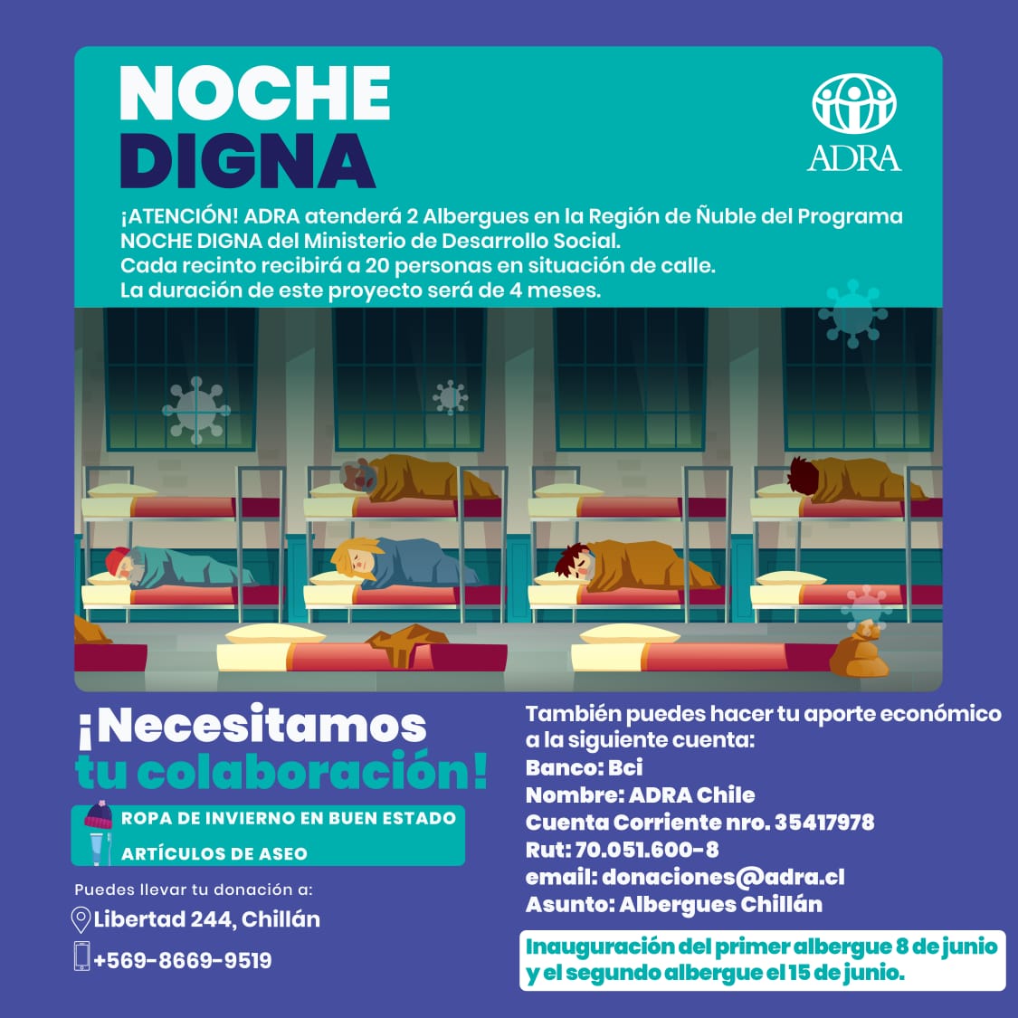 unach_cl's tweet photo. ✨ADRA atenderá 2 albergues en Chillán, es por esto, que necesitamos tu colaboración 👇

🧥Ropa de invierno hombre o mujer 
🧼Artículos de aseo
🧦Ropa interior nueva

O puedes realizar tu aporte en la cuenta bancaria que aparece en la imagen ⬇️

Contamos con tu ayuda😊 https://t.co/CscNMDFyOG