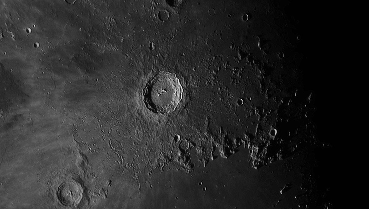 5/The famous crater, Copernicus, with its terraced walls and ~93km width, it’s a big one with those cool lines leading away from it (caused by impact debris? I always forget…) #moon  #astronomy  #outreach