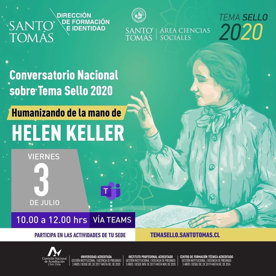 SantoTomasLS's tweet photo. Únete al conversatorio nacional de nuestro #TemaSello2020: "Humanizando de la mano de Helen Keller", una instancia de sensibilización para la comunidad con el ejemplo de esta escritora. Vía Teams: https://t.co/AQCpCqF6uj https://t.co/hjWrtKJVhX