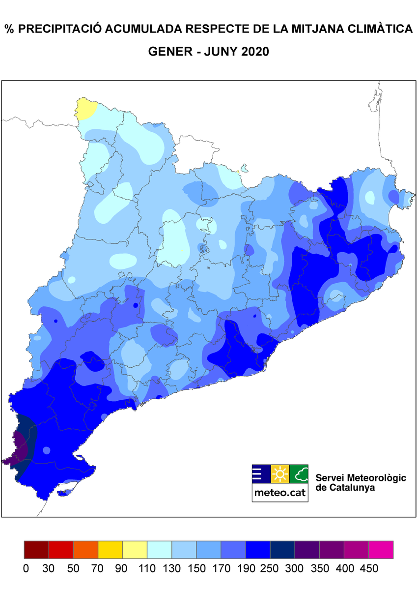 meteocat's tweet photo. La primera meitat de l'any ha estat plujosa arreu del país, sobretot al litoral i prelitoral. Sectors com el #PNPorts, el #Montseny o l'Alta #Garrotxa ja han recollit >1.000 mm, superant la pluja que sol caure-hi al llarg d'un any sencer https://t.co/TeI9LQvjuZ