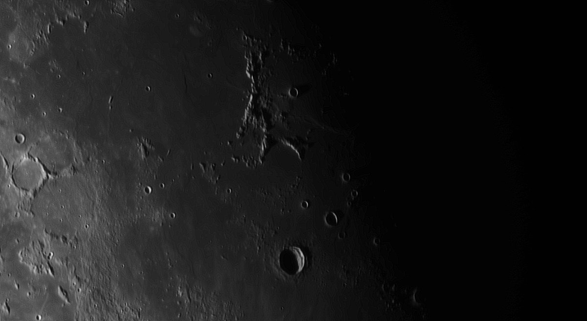 7/Just above the crater Lansberg (38km wide), is the really cool looking mountain range called Montes Riphaeus, at 189km “long.”Speaking of craters like Lansberg, imagine standing on the edge of a hole that's 38km wide and 3.1km deep. Whoa. #moon  #astronomy