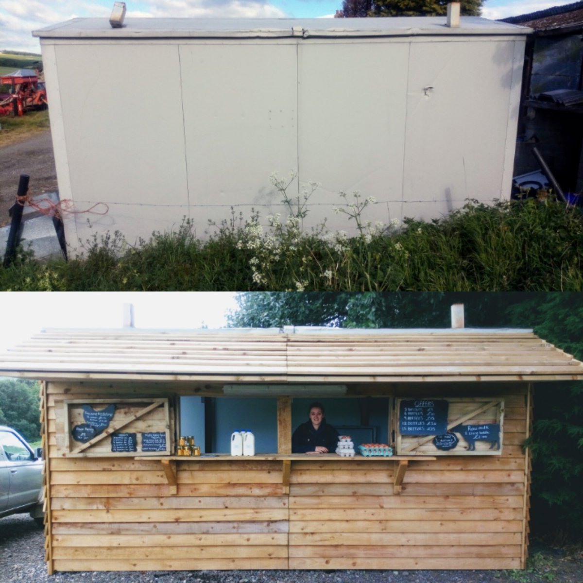 LodgeRaw's tweet photo. Well we've done it, our renovation is complete from old dull container to new milk cabin. Thank you so much to Michael Burnham (Joe's cousin) who helped us during lockdown to complete it. I will now be warm and dry for winter😁 https://t.co/8uamiZk6GL