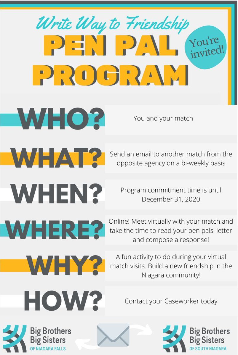 BBBS of South Niagara in collaboration with BBBS of Niagara Falls is inviting YOU to take part in our Pen Pal Program 😊 This is a great way to get to know other matches in our communities. Contact your Caseworker to learn more✍️

#BBBS #PenPals #BiggerTogether