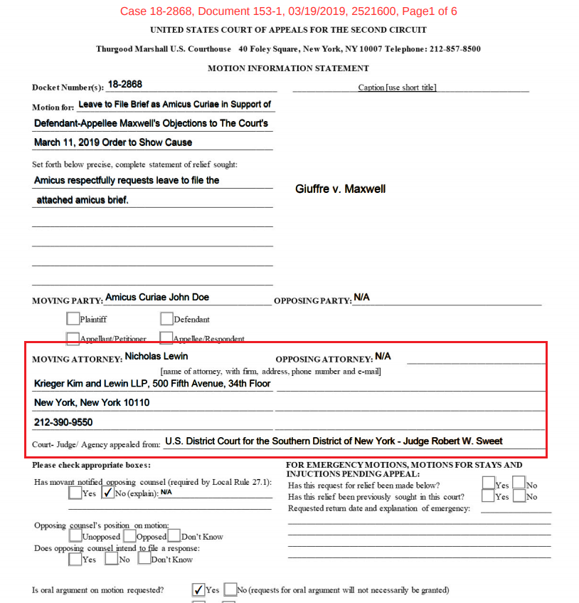 30) The brief for one of the anonymous parties was filed by Nick Lewin.  https://static.politico.com/cc/9c/c411f2784711866b9be3d1977b2f/giuffrelewinamicus031919.pdf