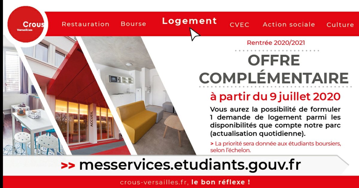 CrousVersailles's tweet photo. Logement : offre complémentaire à partir du 9 juillet 2020 #crousversailles #etudiants #logement #restezconnecte #crous #rentree2020 https://t.co/Qky8mR4yOH