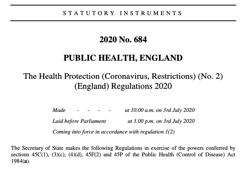 Here are the new lockdown regulations for the whole of England except Leicester. 15 hours before pubs opening! Extraordinary. Will briefly review in this thread  http://www.legislation.gov.uk/uksi/2020/684/pdfs/uksi_20200684_en.pdf