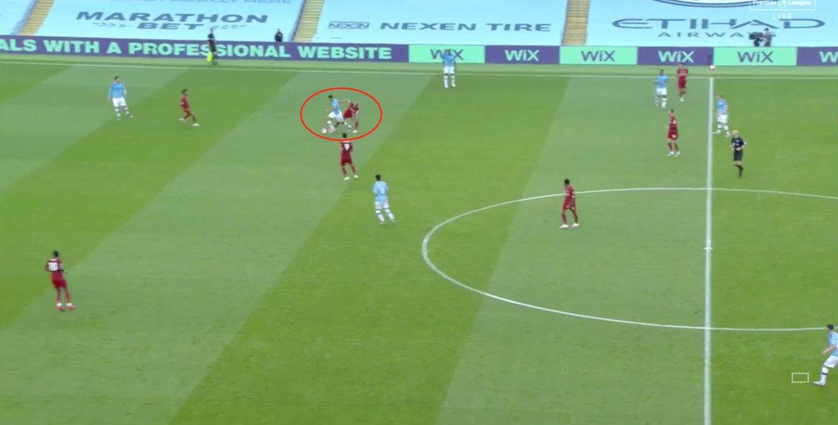 • This meant LFC had to commit further bodies forward into the press to block this passing option and to stop City playing out from back-had some success with Fabinho & Henderson twice pushing up on Rodri or Gundogan to support the press & recovering the ball in dangerous areas