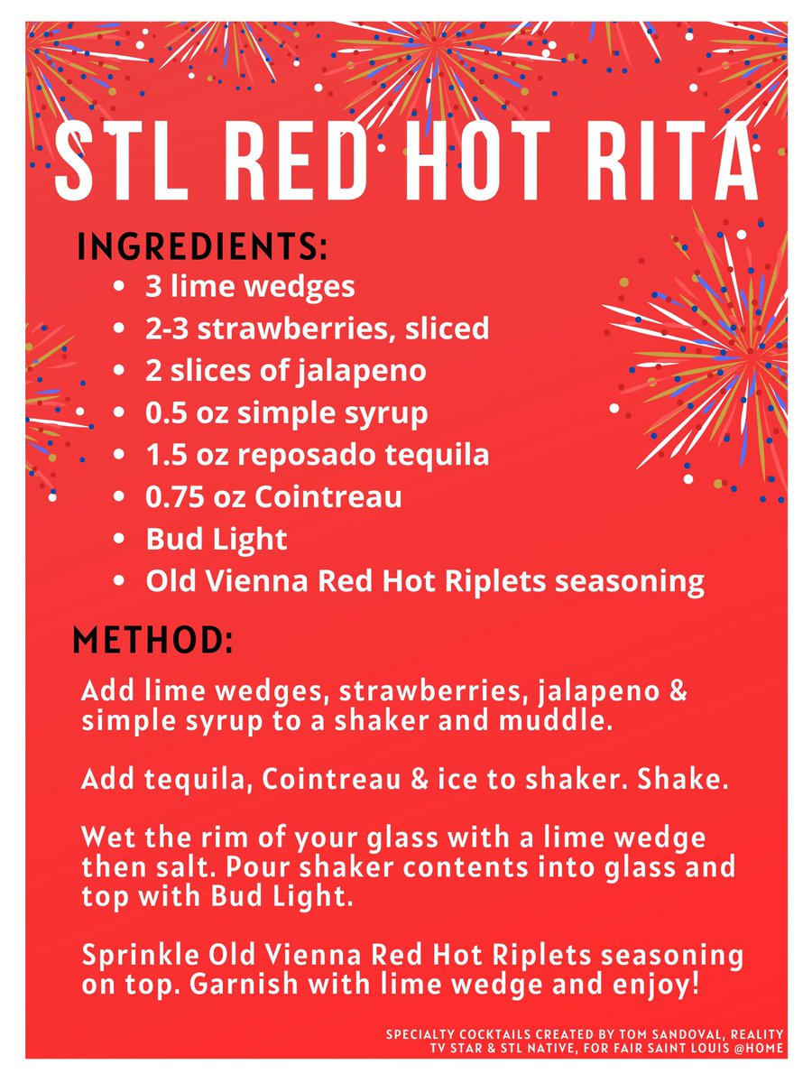 celebrate_stl's tweet photo. Happy Fri-YAY 🎉 Celebrate the start of the long weekend with an STL Red Hot Rita &amp; a Quarantine Cooler 🍹 The perfect addition to Fair Saint Louis @ Home presented by @enterprise! 

Speciality cocktails created by @TomSandoval1, reality TV star &amp; St. Louis native! https://t.co/bi2Dw2KCBI
