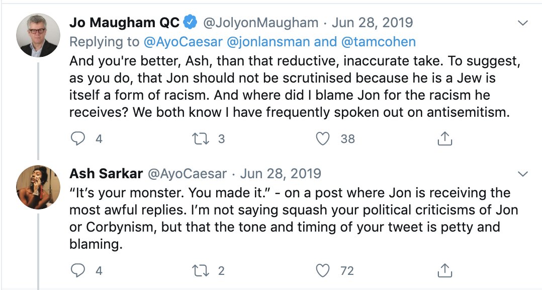 But Ash really *cares* about antisemitism (AS), you cry! She certainly cynically uses it here as a weapon to attack the fox-murdering QC himself. Whereas it's quite clear to a neutral observer, there was no such reference to AS. Note here her scolding reference to "tone & timing"