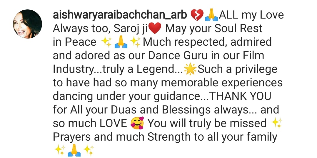 Aishwarya Rai showing her love and respect to the Legendary choreographer Saroj Khan. 🙏
#AishwaryaRaiBachchan 
#RIPSarojKhan