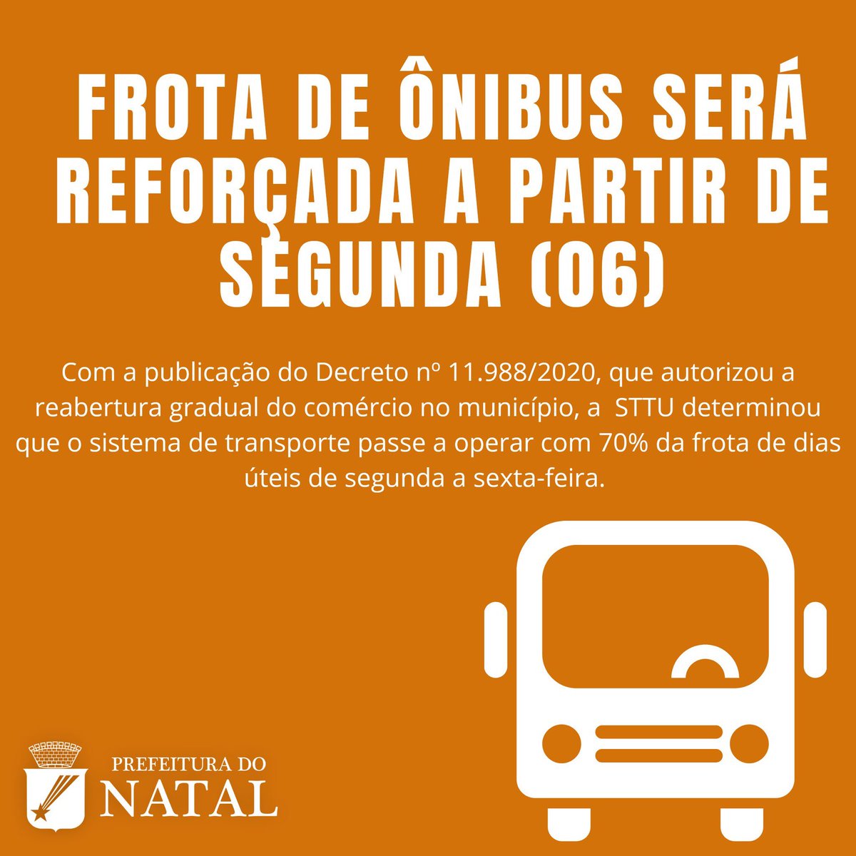 elequicina's tweet photo. Com a publicação do Decreto nº 11.988/2020, que autoriza a reabertura gradual do comércio no município, a Prefeitura do Natal – por meio da Secretaria Municipal de Mobilidade Urbana (STTU) – determinou que a frota do sistema de transporte público seja reforçada. https://t.co/w4naCReFLb