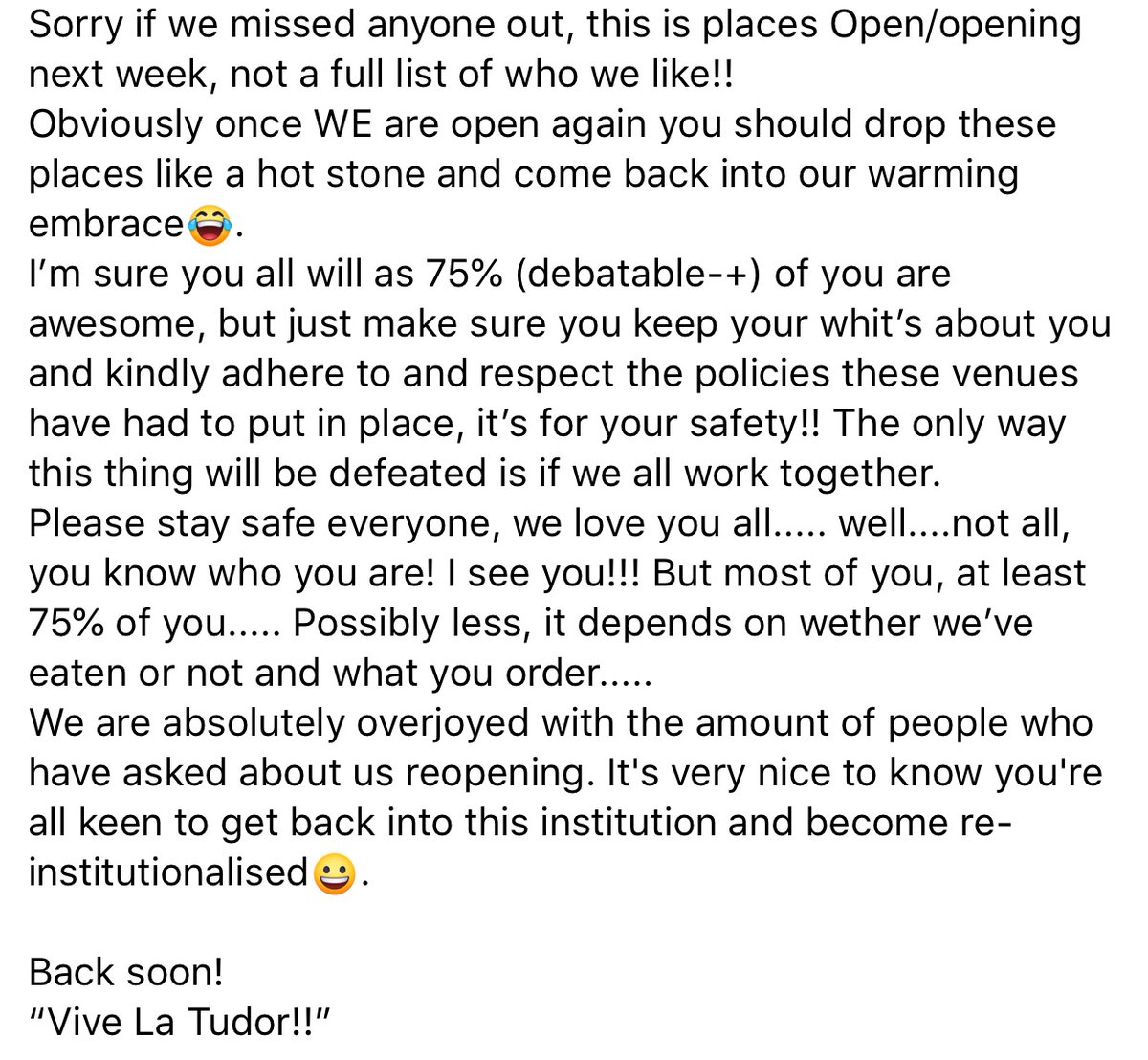 An answer to the BIG question (albeit in photo and/or link form) on the lips of World leaders, religious figures, the illuminati and Wiganers alike. Are we opening this world’s-en.... er, weekend?
m.facebook.com/story.php?stor…… stay safe this weekend!