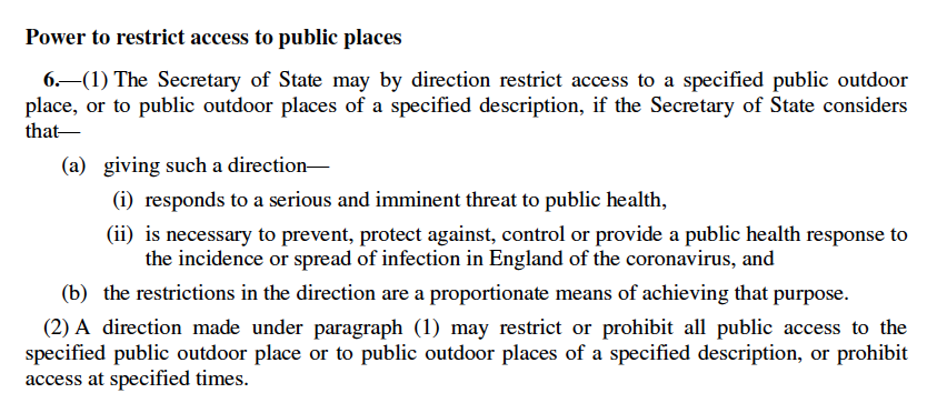 There's a big new power for  @MattHancock in Regulation 6 - he can by direction (so basically a public edict) close any public outdoor place, or a category of public places - no need to do this through regulations (which aren't even that open to scrutiny as it is). Worrying /4