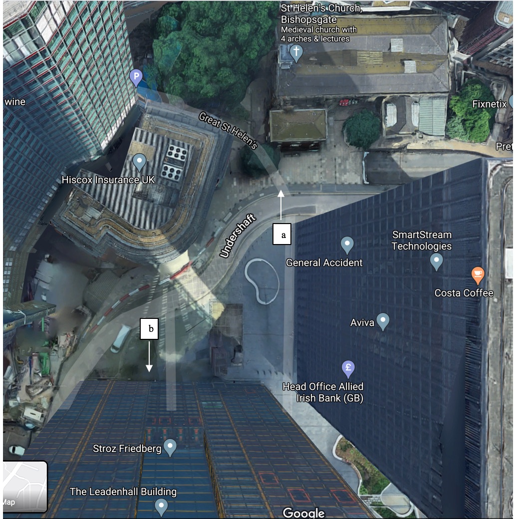 Using Google Earth 3D, I scanned London for an ideal location and found a square on a cul-de-sac which had access to both a low-rise (a) and high-rise (b) building. Being on a dead end road was also important to ensure less car-traffic, which could introduce potential confounds.