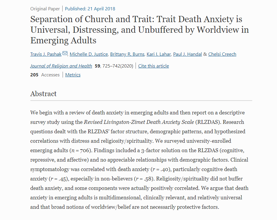 DEATH ANXIETY IN EMERGING ADULTS

My team and I were happy to publish our paper recently in the Journal of Religion and Health, so I thought I'd share a bit about it for any interested onlookers.

#DeathAnxiety
#EmergingAdulthood
💀☠️💀☠️💀☠️💀☠️

doi.org/10.1007/s10943…