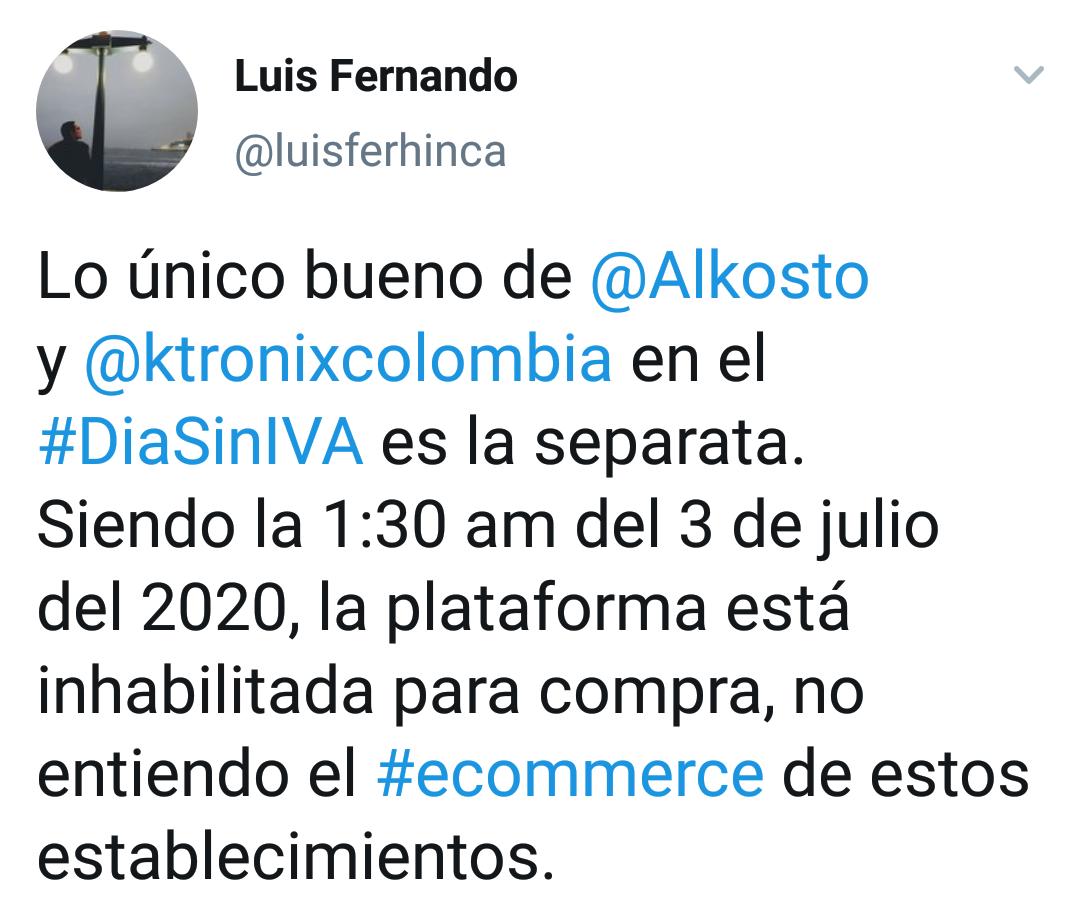 luisferhinca's tweet photo. Lo único bueno de @Alkosto y @ktronixcolombia en este #DiaSinIVA es la separata. He estado intentando hacer una compra y ha sido imposible, el único resultado: página caída, largas filas virtuales y al momento de comprar errores en el portal web. @Citytv @JuanDiegoAlvira ayuda! https://t.co/yy6kCRa1iK