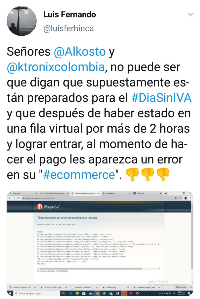 luisferhinca's tweet photo. Lo único bueno de @Alkosto y @ktronixcolombia en este #DiaSinIVA es la separata. He estado intentando hacer una compra y ha sido imposible, el único resultado: página caída, largas filas virtuales y al momento de comprar errores en el portal web. @Citytv @JuanDiegoAlvira ayuda! https://t.co/yy6kCRa1iK