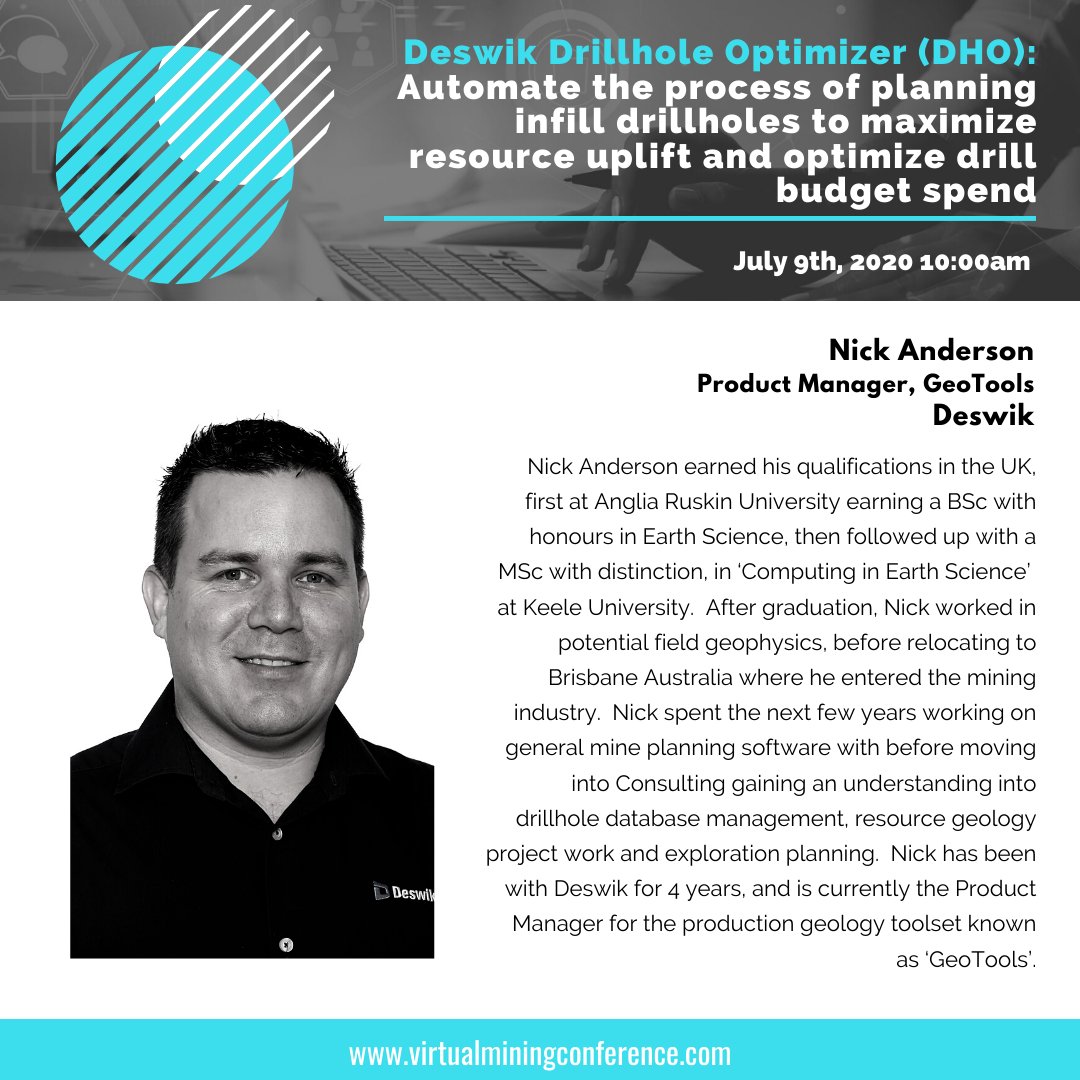 virtualminingc's tweet photo. VMC is proud to announce #Deswik as a presenter for our inaugural conference!

Nick Anderson will be presenting "Drillhole Optimizer (Deswik.DHO): Automate the process of planning infill drillholes to maximize resource uplift and optimize drill budget spend" July 9th at 10:00am. https://t.co/Nv931SdhqB