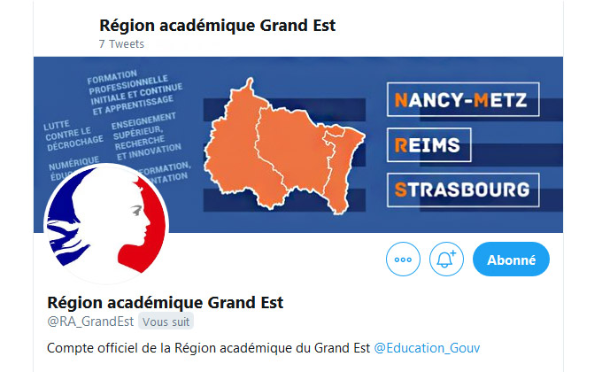 La région académique Grand Est dispose maintenant d'un compte Twitter dédié ! Abonnez-vous ➡️ <a href="/RA_GrandEst/">Région académique Grand Est</a>
#formation #ESRI #VieEtudiante #orientation 
<a href="/HuartJean/">Jean-Marc Huart</a> @FabienneBlaise3 
<a href="/acnancymetz/">Académie de Nancy-Metz</a> <a href="/AcReims/">Académie de Reims</a> <a href="/acstrasbourg/">Académie Strasbourg</a>
<a href="/education_gouv/">Ministère Éducation nationale</a> <a href="/sup_recherche/">Ministère Enseignement supérieur/Recherche/Espace</a>