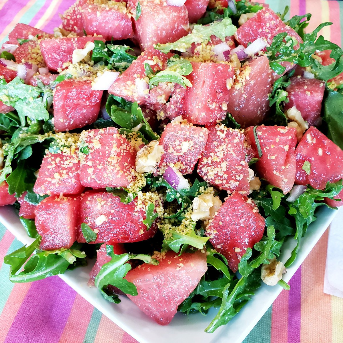 Get2dRootHealth's tweet photo. I love starting my day with veggies! Had a taste for some watermelon this morning, so I made this fabulous Chipotle Watermelon & Arugula salad! Perfect way to start this beautiful hot summer day! Blog coming in the very near future! #OurHealthIsOurWealth #Get2dRoot #WFPB https://t.co/mGh70jXmOv