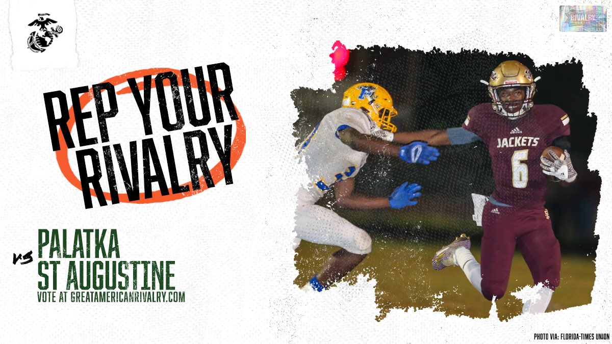 AmericanRivalry's tweet photo. Palatka and St. Augustine have met over 100 times since they first started playing in 1922.

#RepYourRivalry by voting them the best rivalry in Florida, which would secure them a donation to their school!

VOTE https://t.co/0VSpR1HEhR https://t.co/e4GJg7NG59