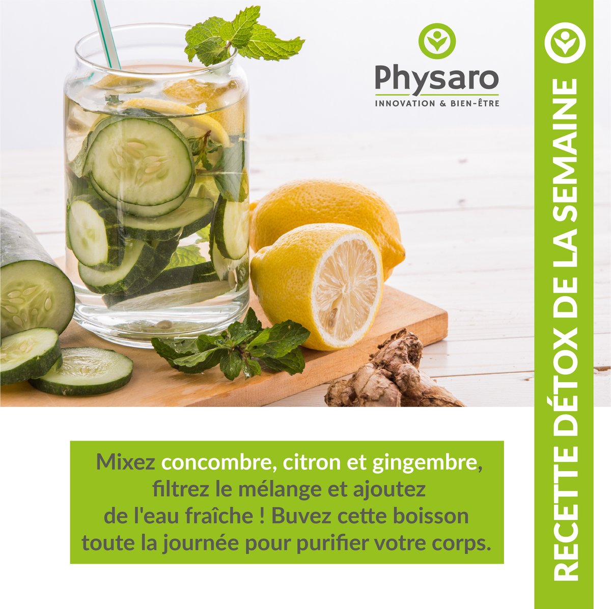 Pour un corps sain, optez pour des cures détox naturelles 🌼! 

🕊️Recette détox de la semaine : Mixez 🥒concombre, citron 🍋 et gingembre, filtrez le mélange et ajoutez de l'eau fraîche 💦 ! 

Buvez cette boisson toute la journée pour purifier votre corps 🧘‍♀️#BienEtre