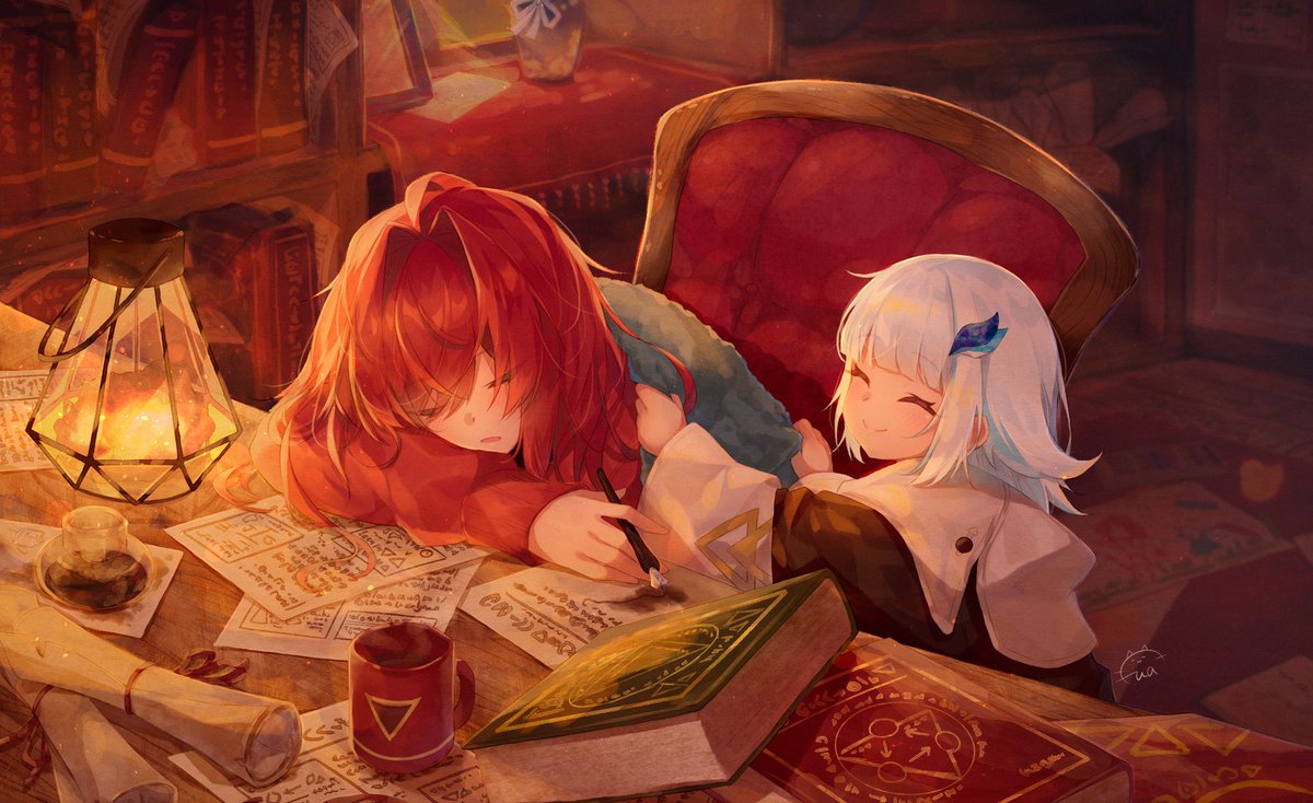 ange katrina ,lize helesta multiple girls 2girls sleeping closed eyes red hair blanket smile  illustration images