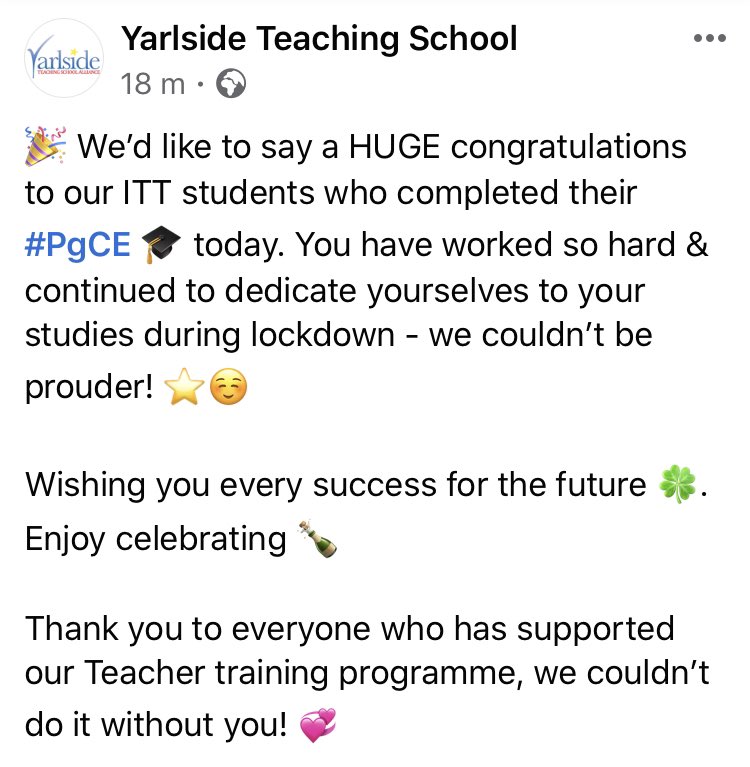 YarlsideTSA's tweet photo. 🥳 Congratulations 👏 to our fabulous ITT students who finished their #PgCE today. You are going to be fantastic teachers ⭐️🎓 #NQT #getintoteaching https://t.co/uZpts7yRTL