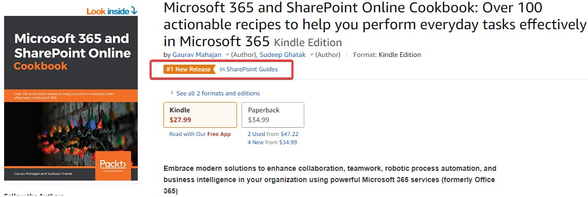 mahajang's tweet photo. Delighted to announce the released of my @PacktPub book on #Microsoft365 and #SharePoint Online with @sudeepghatak  https://t.co/p3egfkVipX 
Also excited that it is the #1 New Release &amp; a Bestseller in a few categories on Amazon. Thanks @SandyU &amp; @chambernate for the forewords https://t.co/vX88Uzqiba