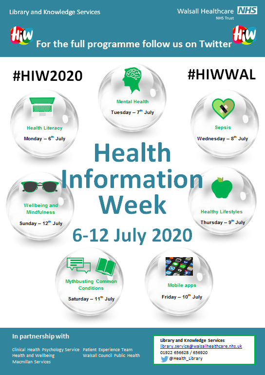 Health Information Week 6–12 July 2020. Let’s make #HIWWAL one to remember! There's something for everyone! Why not take part? <a href="/WalsallHcareNHS/">Walsall Healthcare</a> <a href="/NHSBeeky/">Richard Beeken</a> <a href="/NHSWellbeing/">Walsall Healthcare Staff Health and Wellbeing Team</a> @phwalsall #WalsallAndProud #PatExpWalsall #HIW2019 bit.ly/38ozusZ